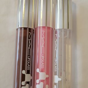 MAC Cosmetics Lipglass Set - Rich Brown, Vibrant Pink, Crystal Clear.